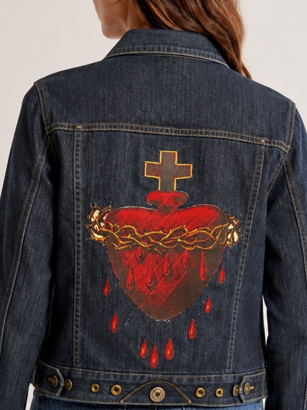 One-of-a-Kind Sacred Heart Embellished Denim Jacket – Size L